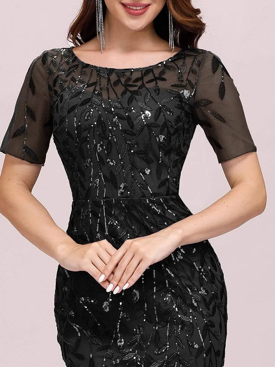 Floral Sequin Print Maxi Long Fishtail Tulle Dresses With Half Sleeve