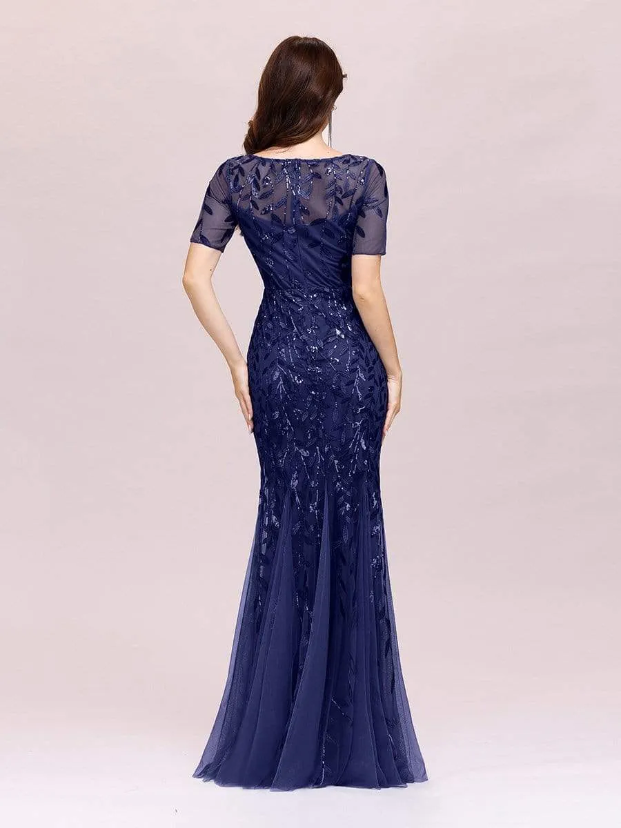 Floral Sequin Print Maxi Long Fishtail Tulle Dresses With Half Sleeve