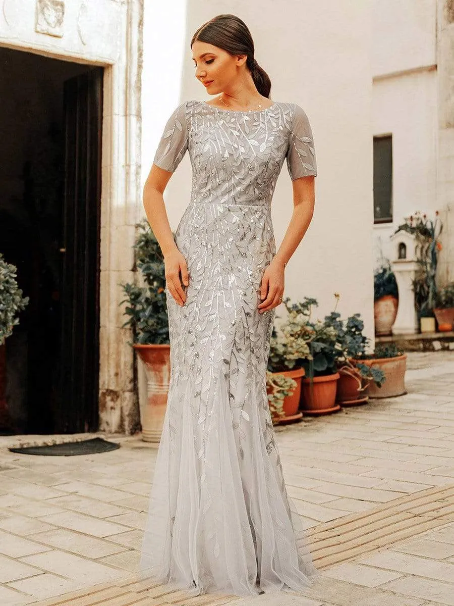 Floral Sequin Print Maxi Long Fishtail Tulle Dresses With Half Sleeve