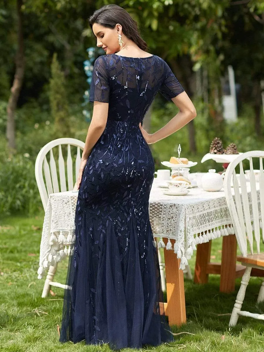 Floral Sequin Print Maxi Long Fishtail Tulle Dresses With Half Sleeve