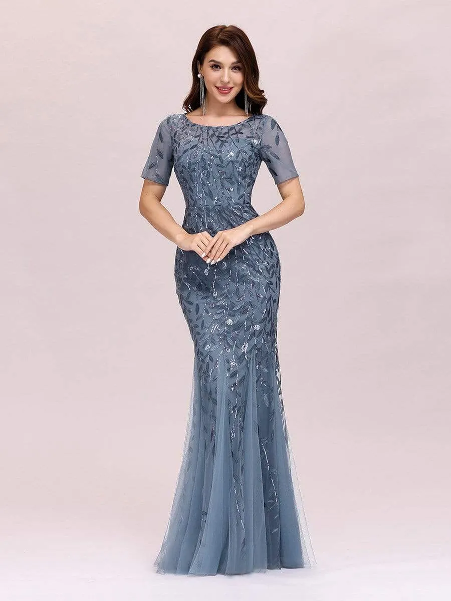 Floral Sequin Print Maxi Long Fishtail Tulle Dresses With Half Sleeve