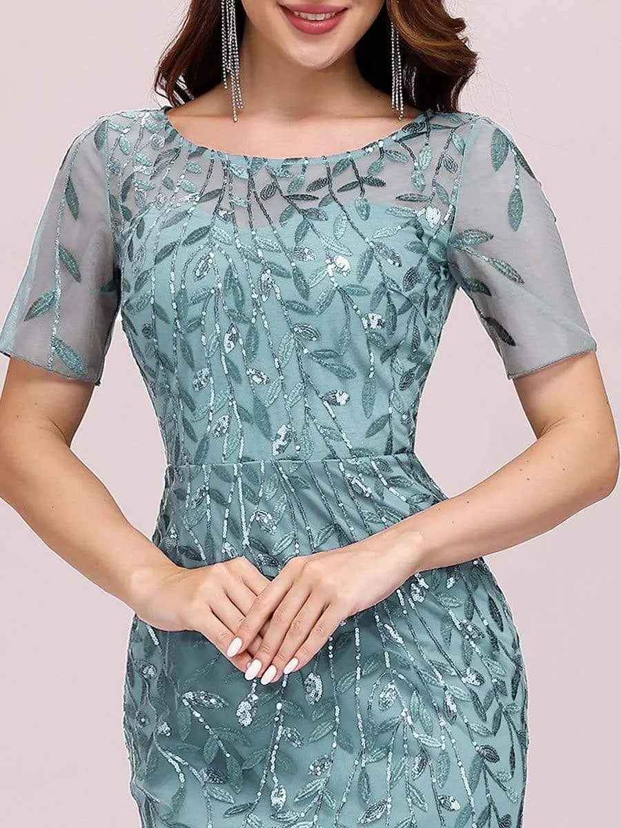 Floral Sequin Print Maxi Long Fishtail Tulle Dresses With Half Sleeve