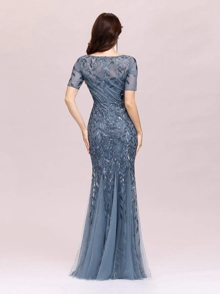 Floral Sequin Print Maxi Long Fishtail Tulle Dresses With Half Sleeve