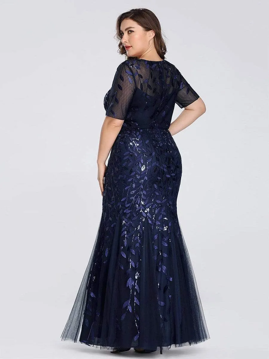 Floral Sequin Print Maxi Long Fishtail Tulle Dresses With Half Sleeve