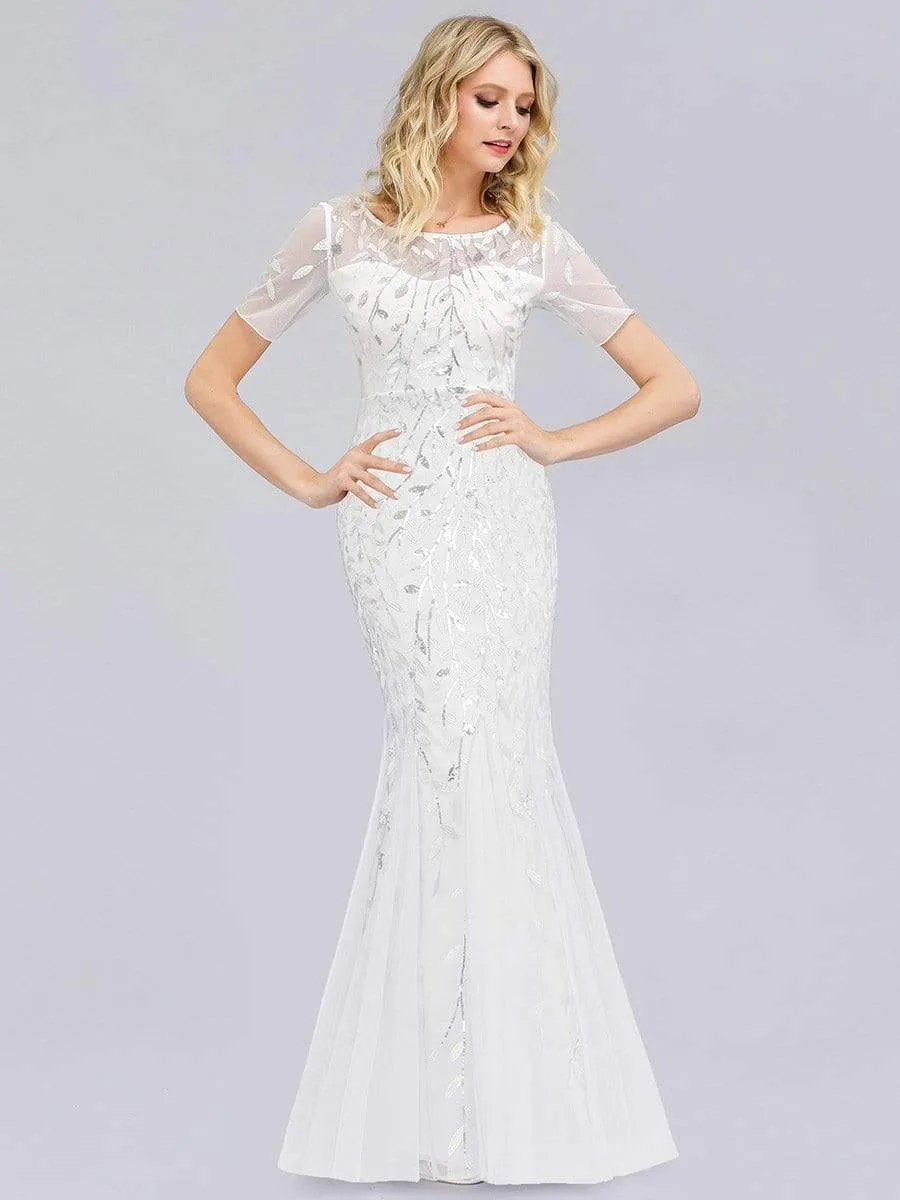 Floral Sequin Print Maxi Long Fishtail Tulle Dresses With Half Sleeve