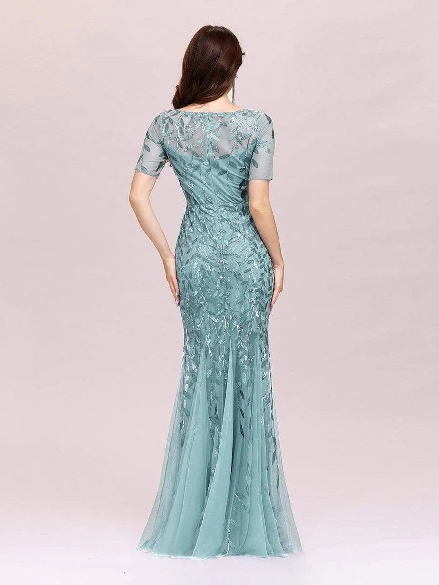 Floral Sequin Print Maxi Long Fishtail Tulle Dresses With Half Sleeve