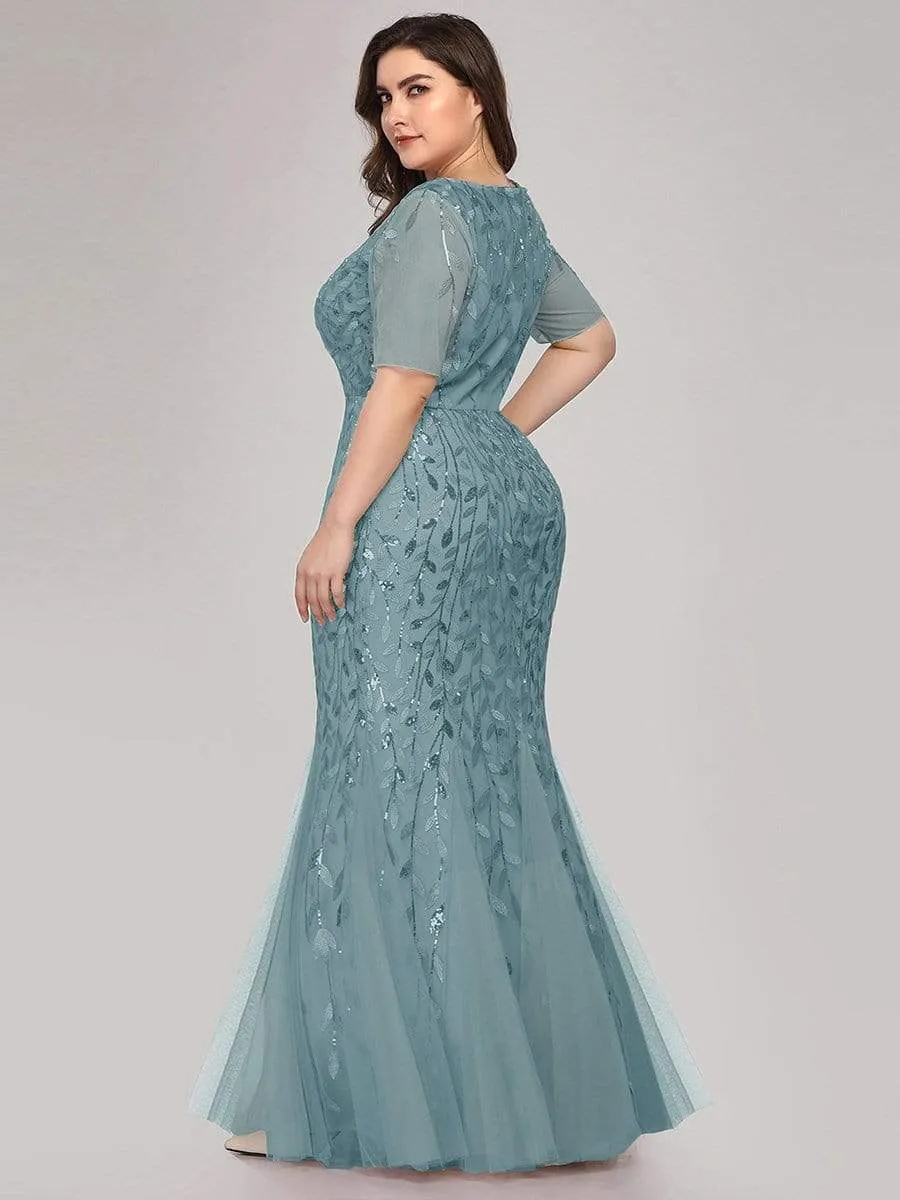 Floral Sequin Print Maxi Long Fishtail Tulle Dresses With Half Sleeve