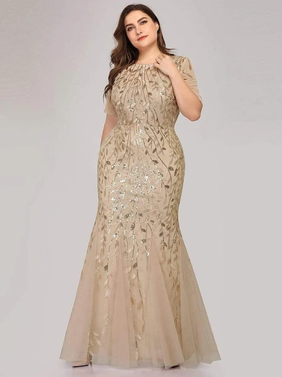 Floral Sequin Print Maxi Long Fishtail Tulle Dresses With Half Sleeve