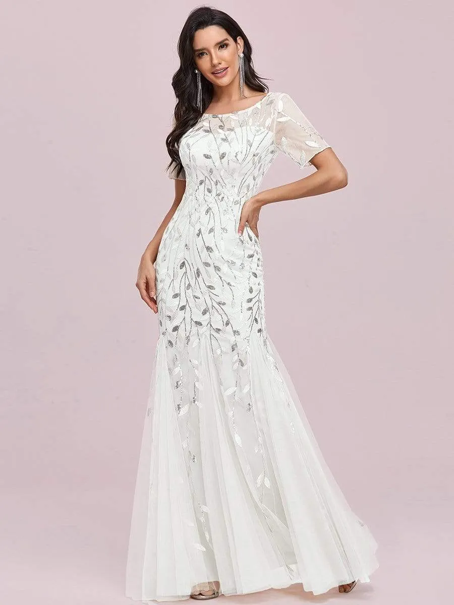 Floral Sequin Print Maxi Long Fishtail Tulle Dresses With Half Sleeve