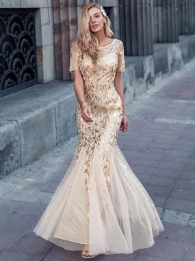 Floral Sequin Print Maxi Long Fishtail Tulle Dresses With Half Sleeve