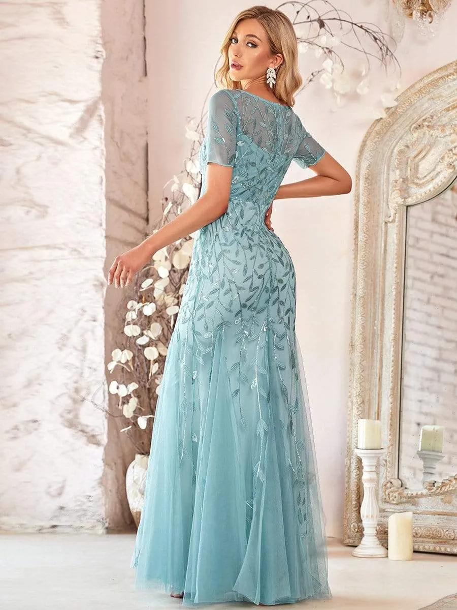 Floral Sequin Print Maxi Long Fishtail Tulle Dresses With Half Sleeve