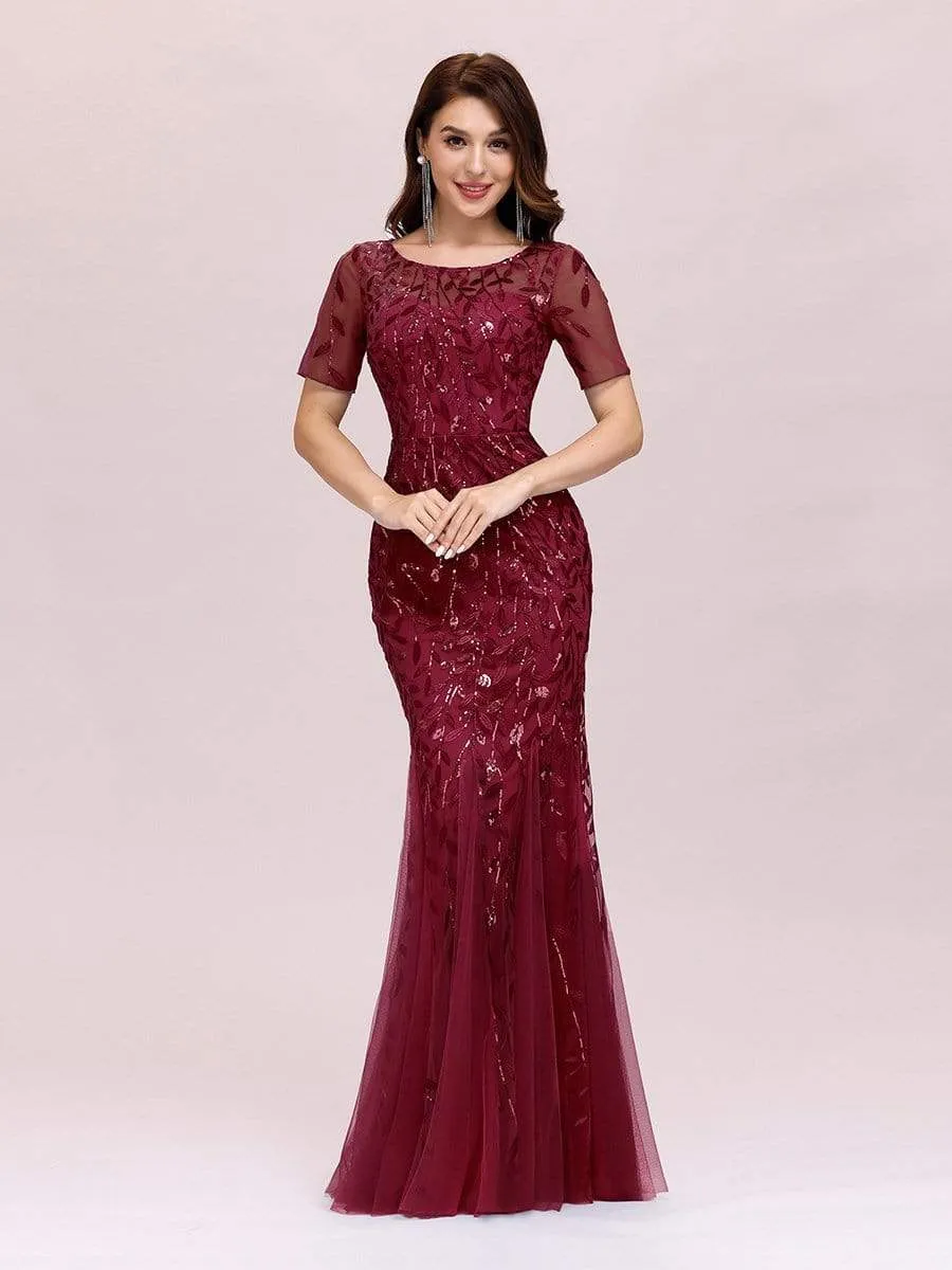 Floral Sequin Print Maxi Long Fishtail Tulle Dresses With Half Sleeve
