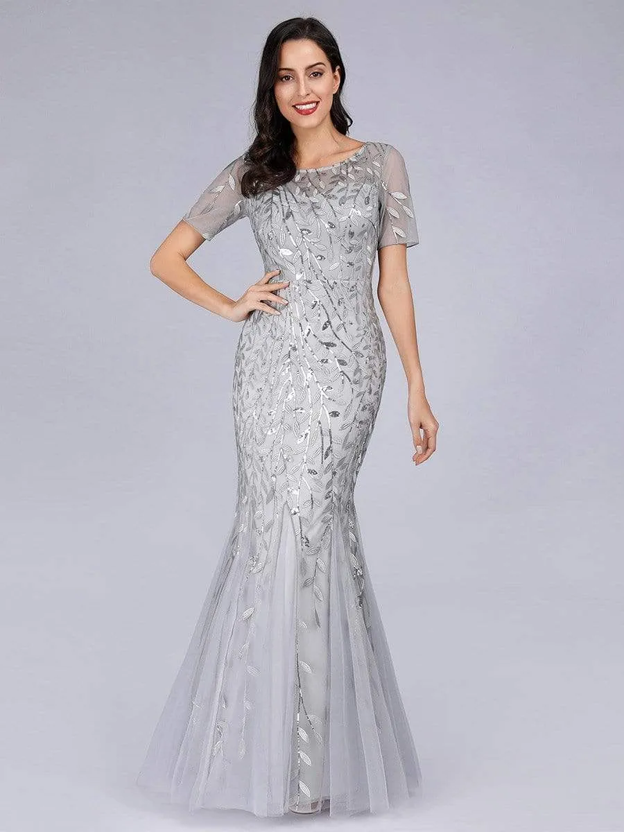 Floral Sequin Print Maxi Long Fishtail Tulle Dresses With Half Sleeve