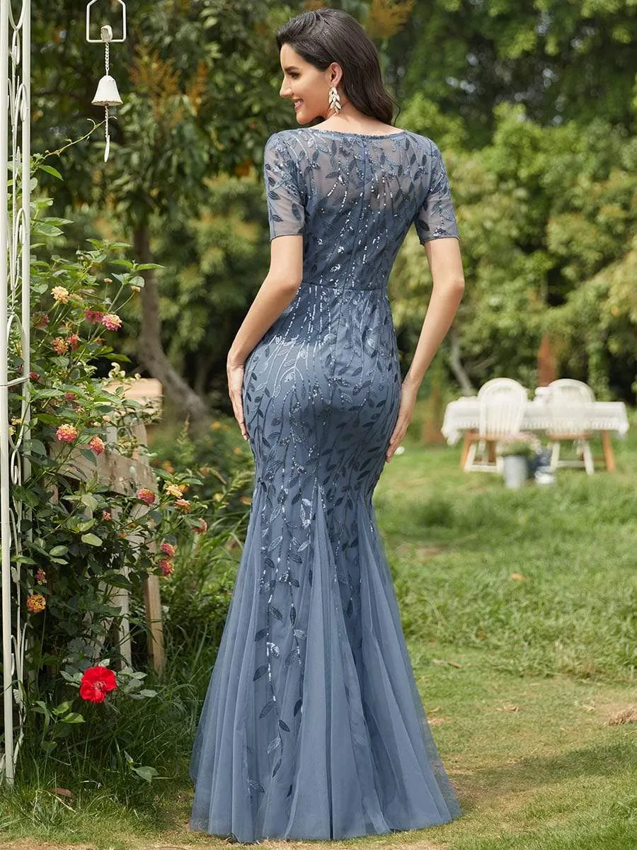 Floral Sequin Print Maxi Long Fishtail Tulle Dresses With Half Sleeve