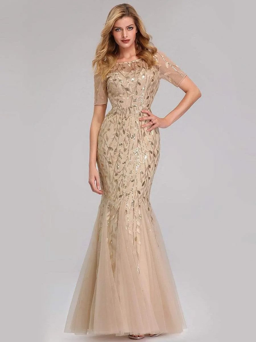 Floral Sequin Print Maxi Long Fishtail Tulle Dresses With Half Sleeve