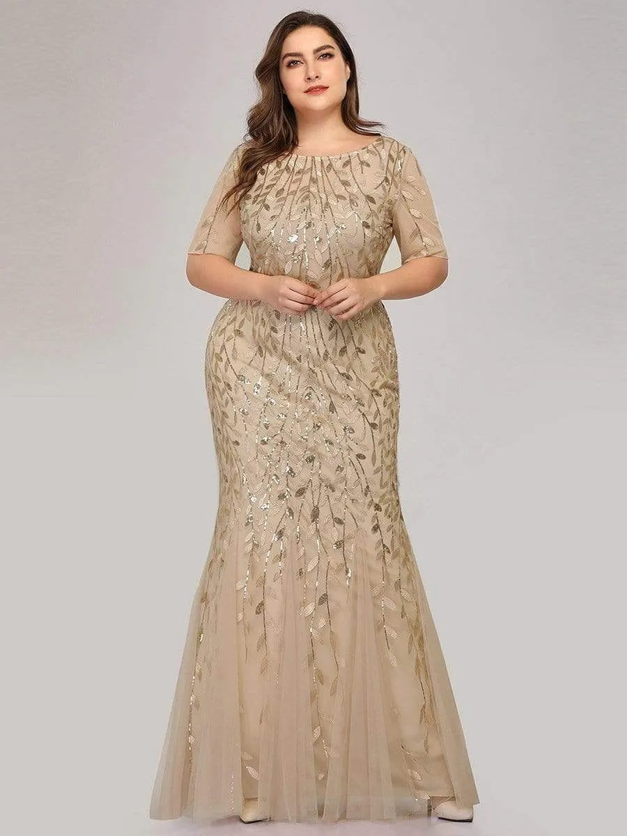 Floral Sequin Print Maxi Long Fishtail Tulle Dresses With Half Sleeve