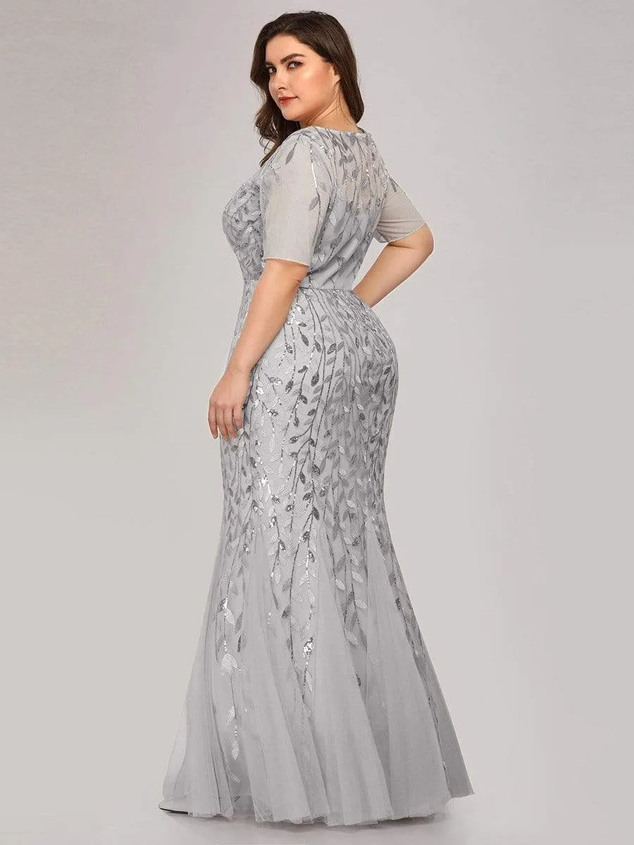 Floral Sequin Print Maxi Long Fishtail Tulle Dresses With Half Sleeve