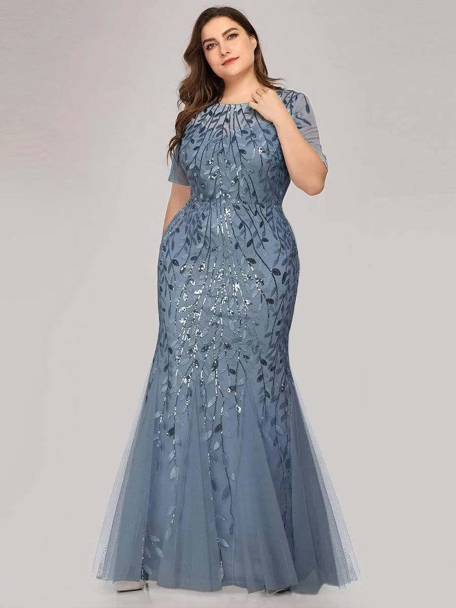 Floral Sequin Print Maxi Long Fishtail Tulle Dresses With Half Sleeve