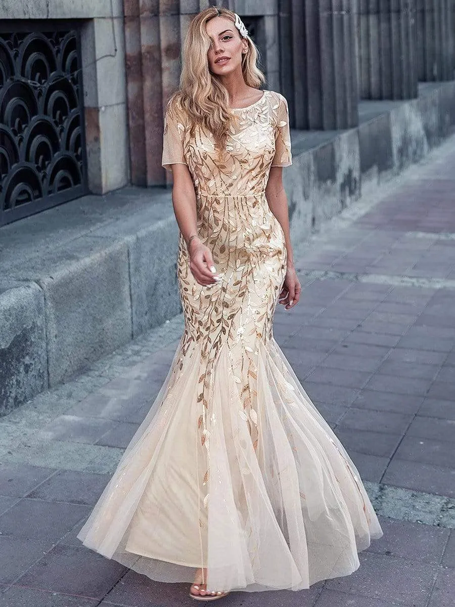 Floral Sequin Print Maxi Long Fishtail Tulle Dresses With Half Sleeve