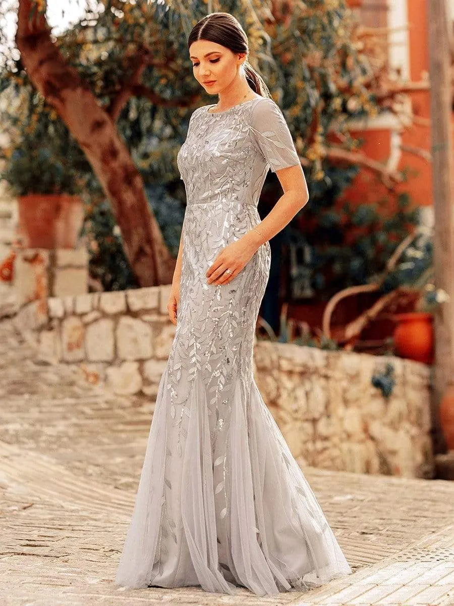 Floral Sequin Print Maxi Long Fishtail Tulle Dresses With Half Sleeve