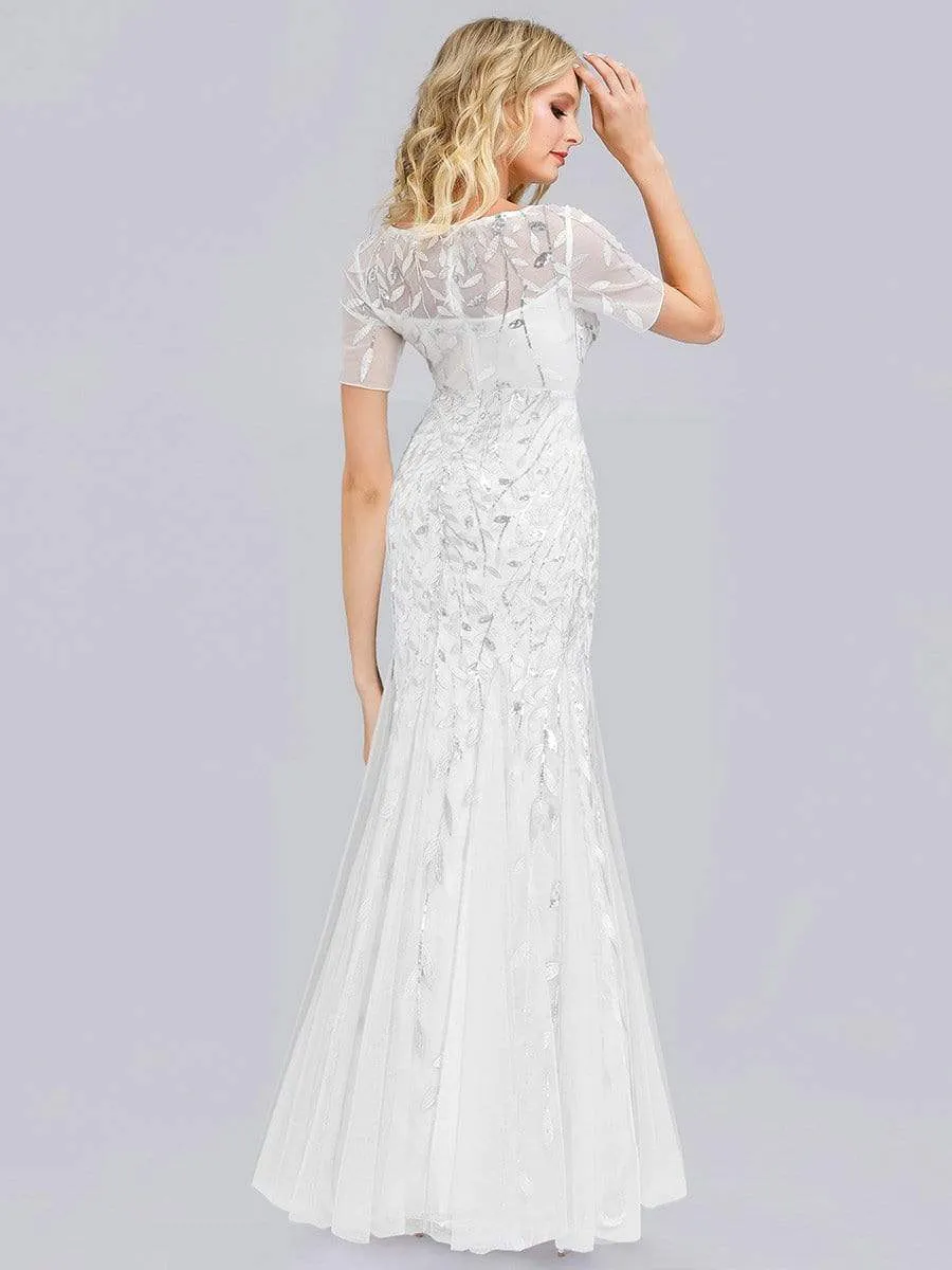 Floral Sequin Print Maxi Long Fishtail Tulle Dresses With Half Sleeve