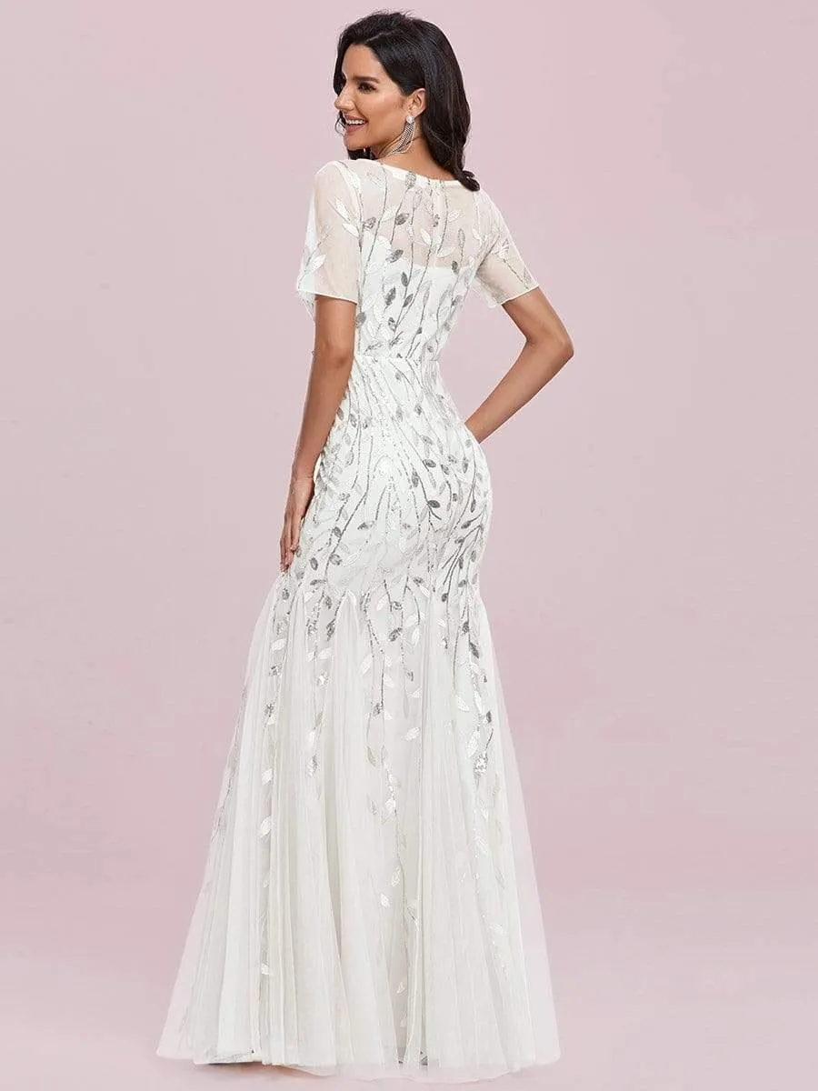 Floral Sequin Print Maxi Long Fishtail Tulle Dresses With Half Sleeve