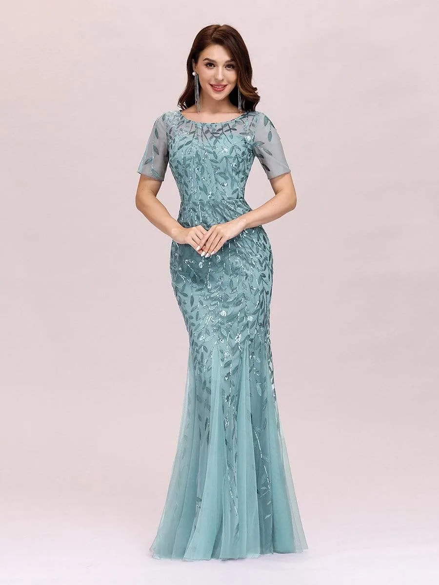 Floral Sequin Print Maxi Long Fishtail Tulle Dresses With Half Sleeve