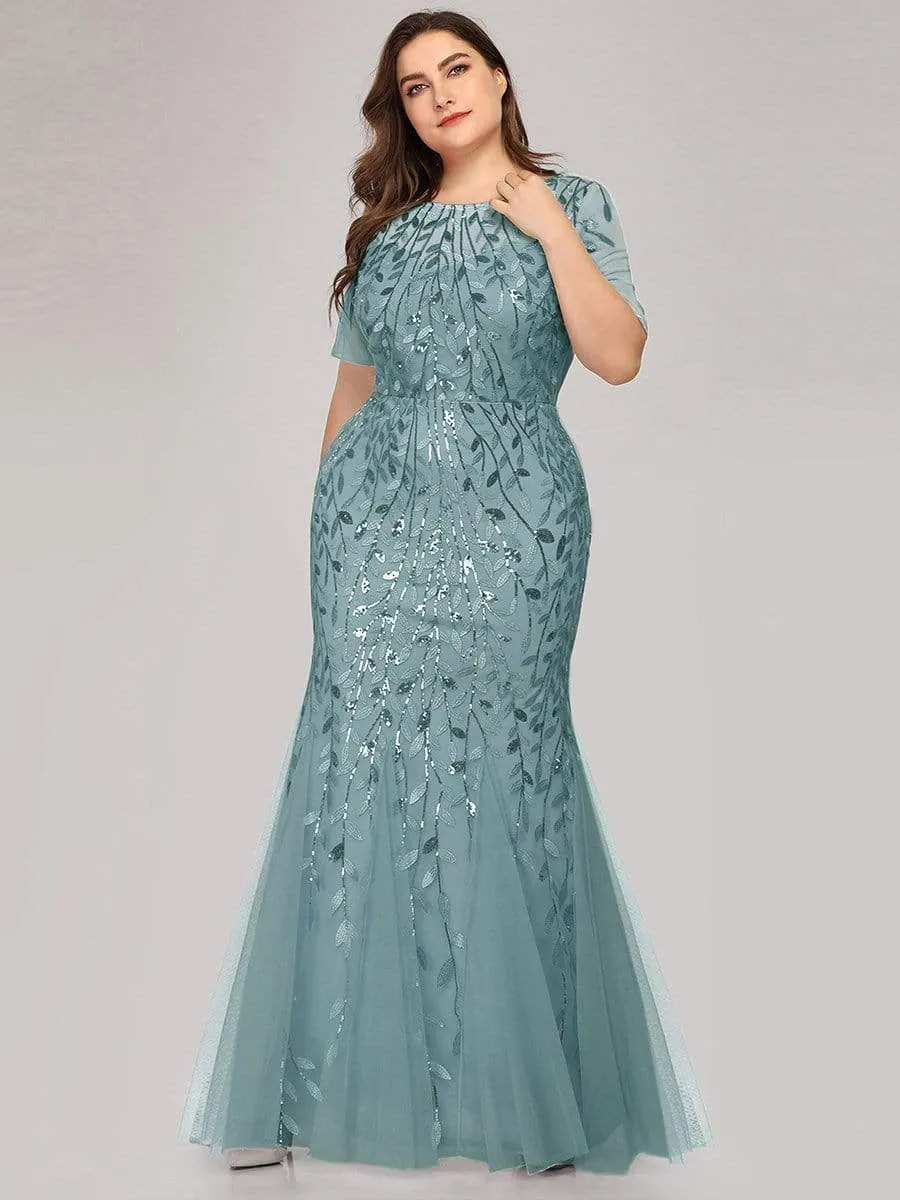 Floral Sequin Print Maxi Long Fishtail Tulle Dresses With Half Sleeve