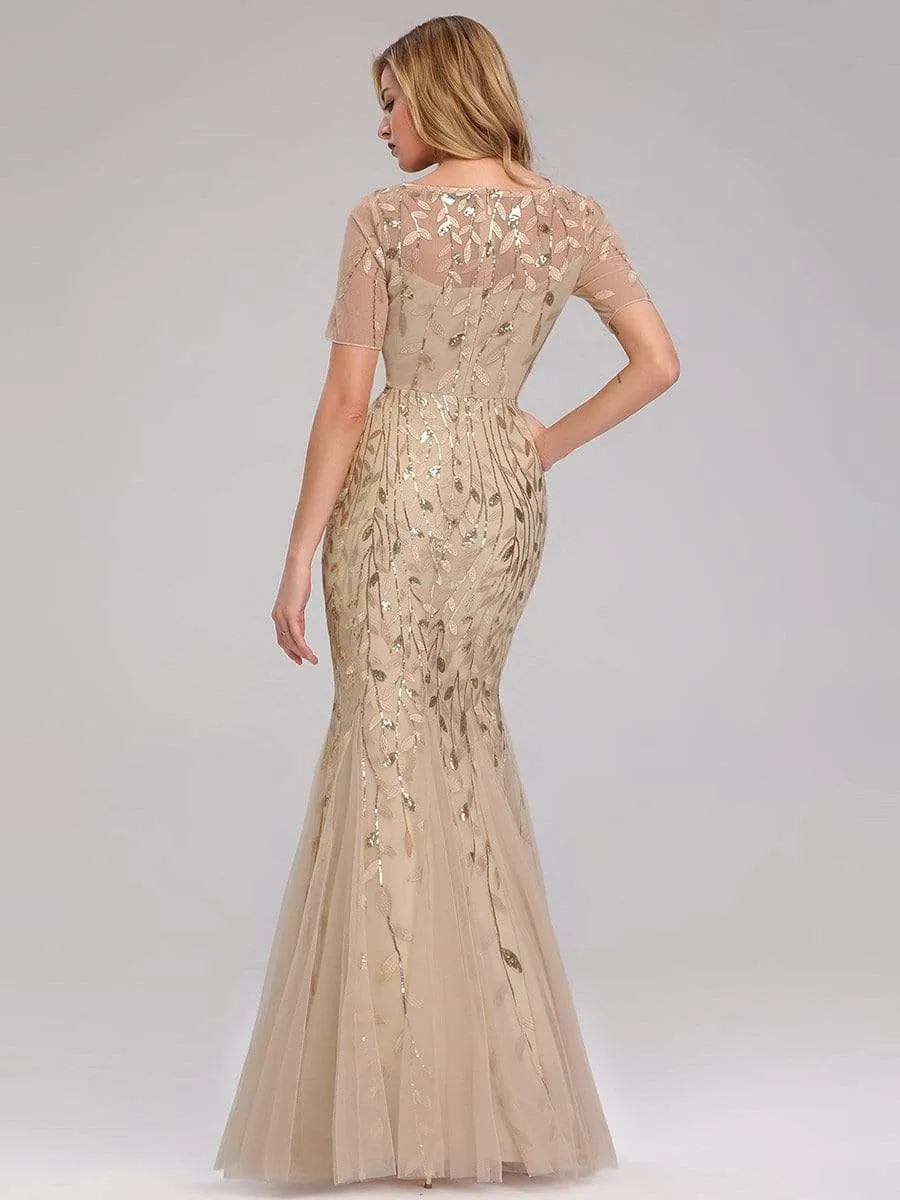 Floral Sequin Print Maxi Long Fishtail Tulle Dresses With Half Sleeve