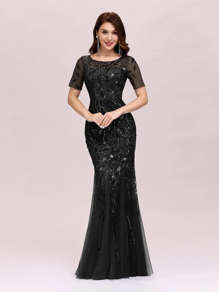 Floral Sequin Print Maxi Long Fishtail Tulle Dresses With Half Sleeve