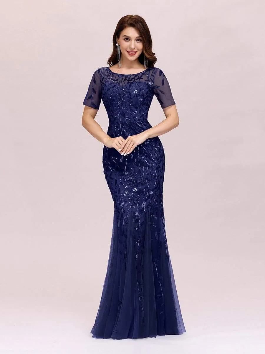 Floral Sequin Print Maxi Long Fishtail Tulle Dresses With Half Sleeve