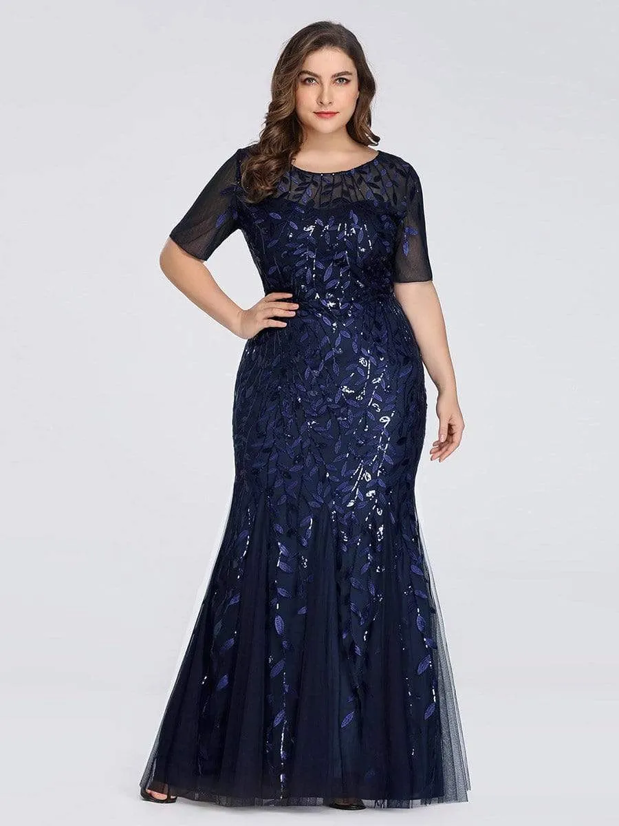 Floral Sequin Print Maxi Long Fishtail Tulle Dresses With Half Sleeve