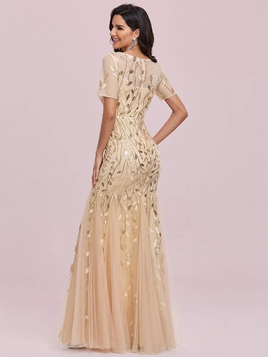 Floral Sequin Print Maxi Long Fishtail Tulle Dresses With Half Sleeve