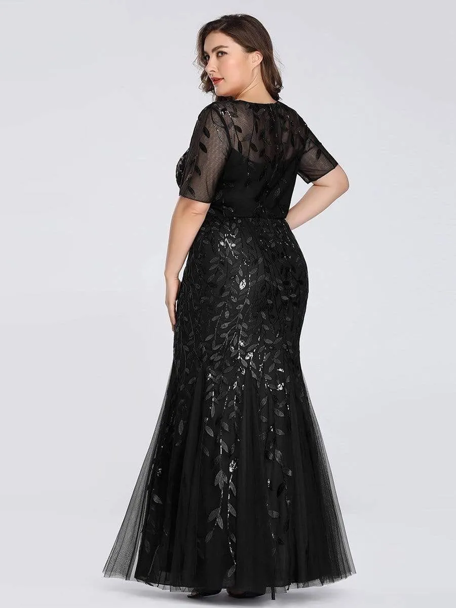 Floral Sequin Print Maxi Long Fishtail Tulle Dresses With Half Sleeve