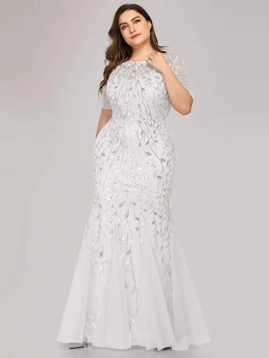 Floral Sequin Print Maxi Long Fishtail Tulle Dresses With Half Sleeve