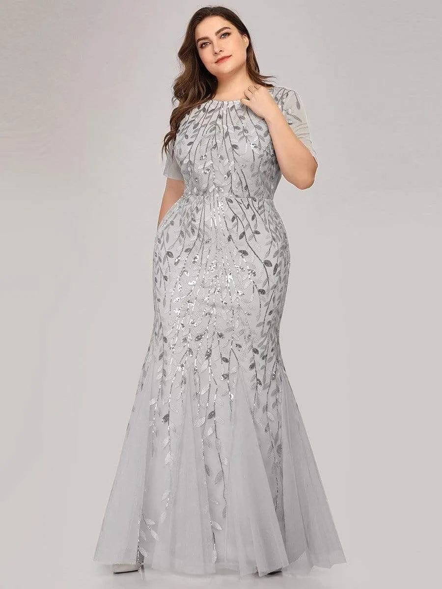 Floral Sequin Print Maxi Long Fishtail Tulle Dresses With Half Sleeve