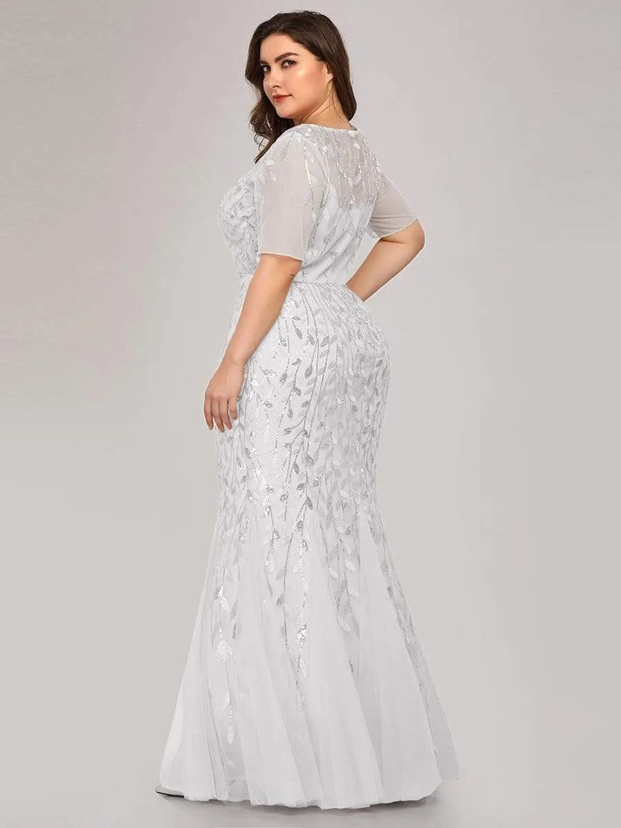 Floral Sequin Print Maxi Long Fishtail Tulle Dresses With Half Sleeve
