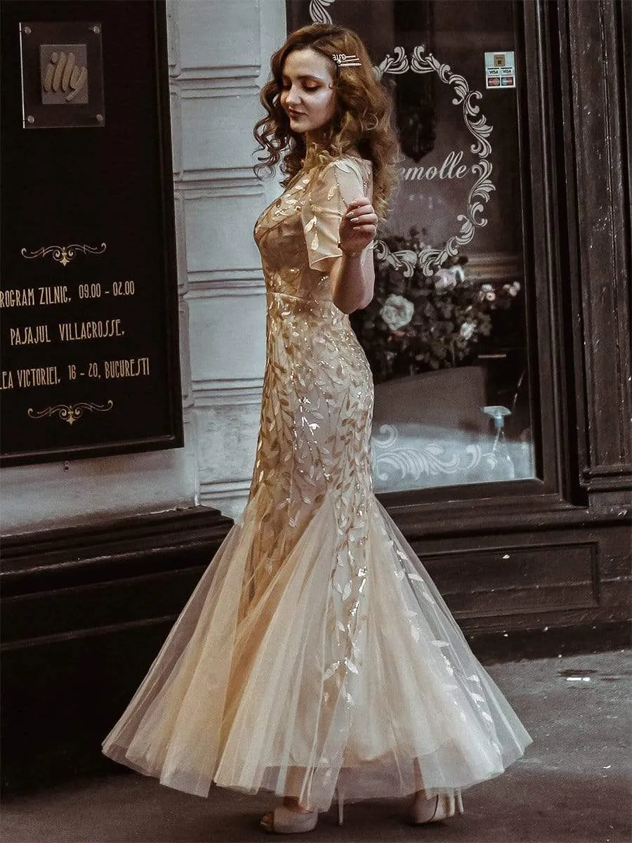 Floral Sequin Print Maxi Long Fishtail Tulle Dresses With Half Sleeve