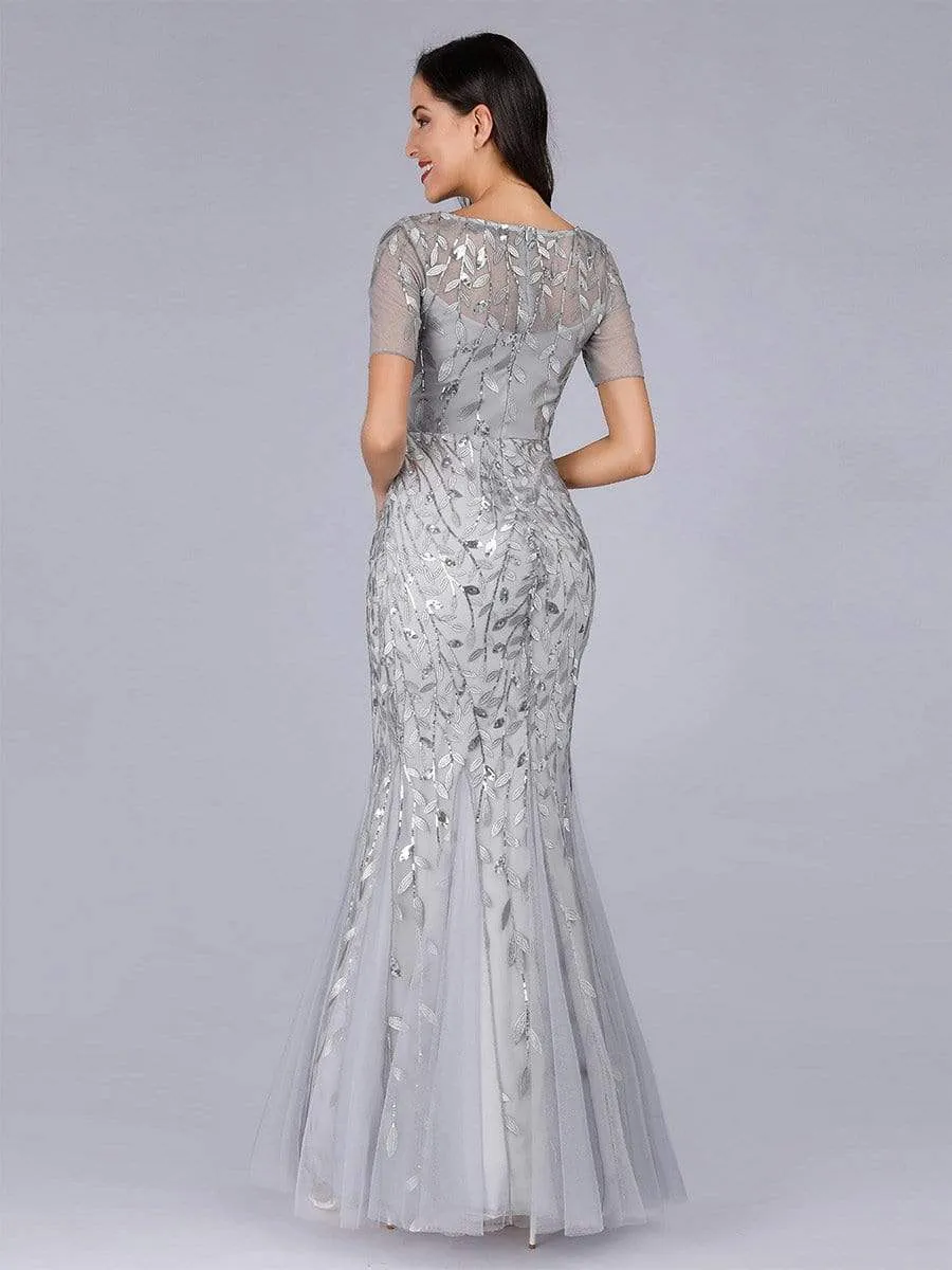 Floral Sequin Print Maxi Long Fishtail Tulle Dresses With Half Sleeve