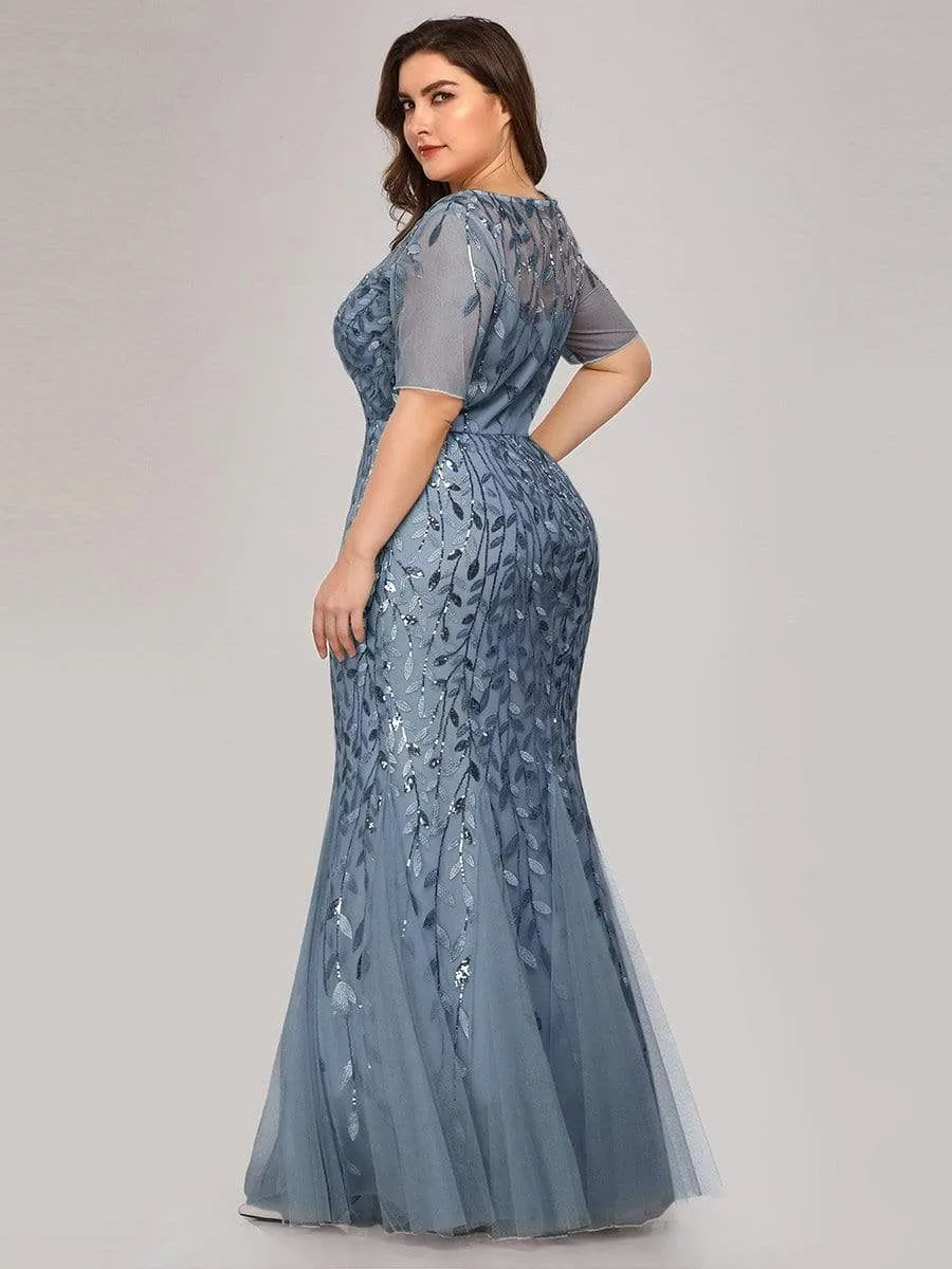 Floral Sequin Print Maxi Long Fishtail Tulle Dresses With Half Sleeve