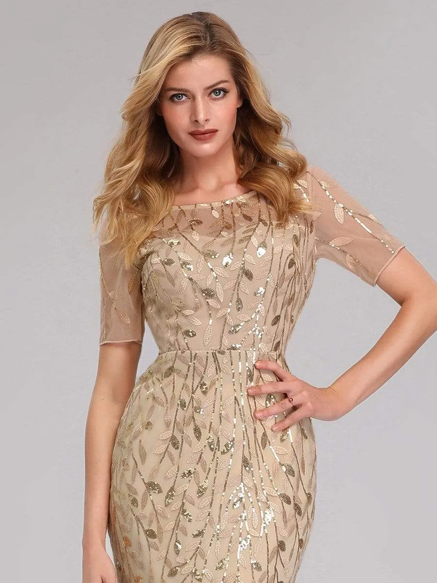 Floral Sequin Print Maxi Long Fishtail Tulle Dresses With Half Sleeve