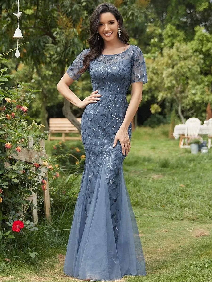Floral Sequin Print Maxi Long Fishtail Tulle Dresses With Half Sleeve