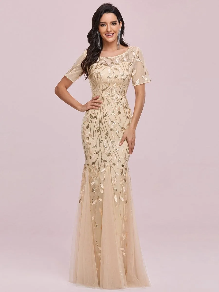Floral Sequin Print Maxi Long Fishtail Tulle Dresses With Half Sleeve