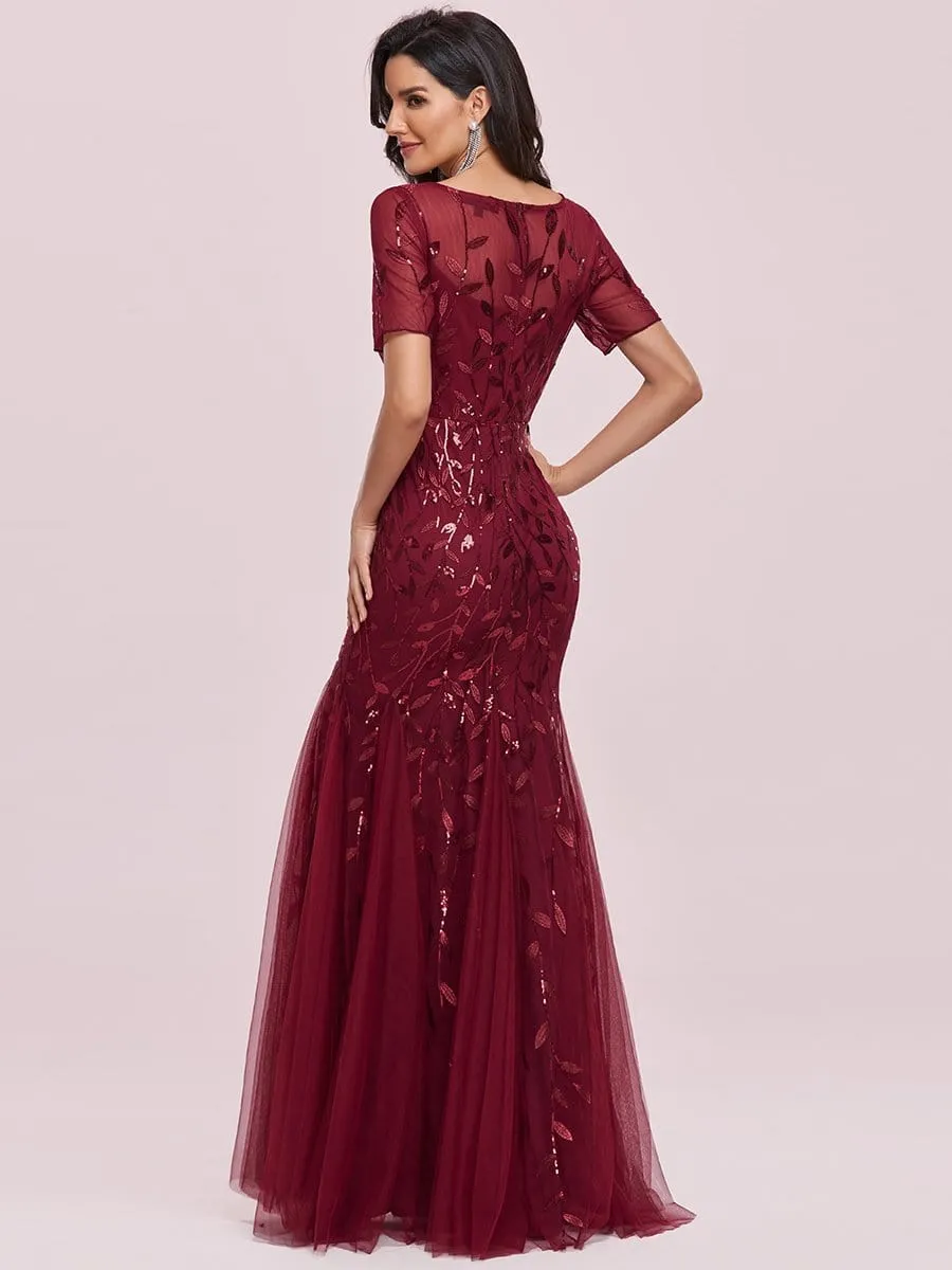 Floral Sequin Print Maxi Long Fishtail Tulle Dresses With Half Sleeve