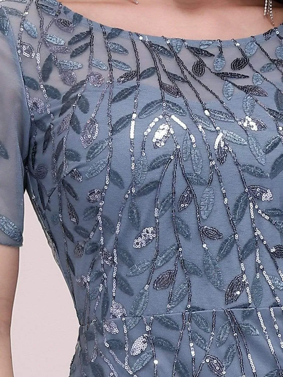 Floral Sequin Print Maxi Long Fishtail Tulle Dresses With Half Sleeve