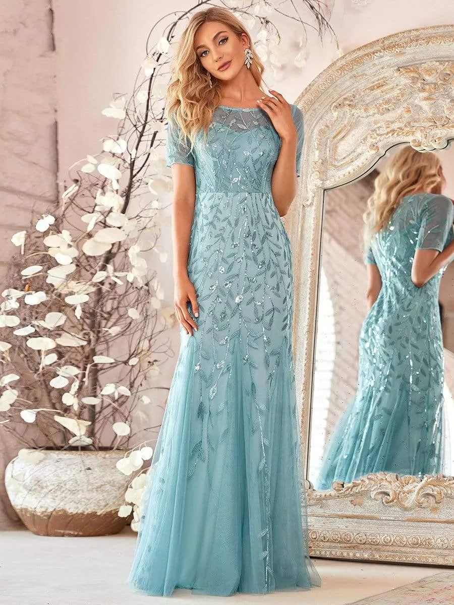 Floral Sequin Print Maxi Long Fishtail Tulle Dresses With Half Sleeve