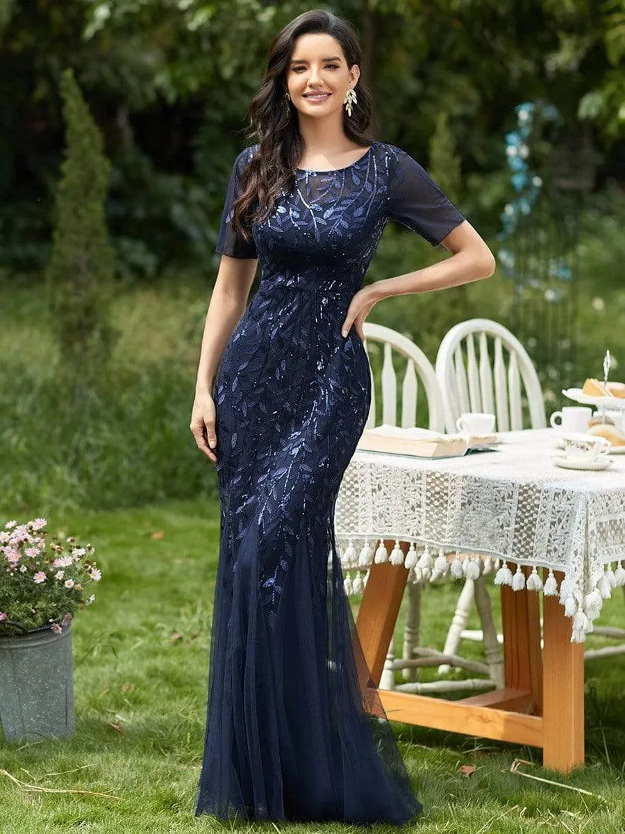 Floral Sequin Print Maxi Long Fishtail Tulle Dresses With Half Sleeve