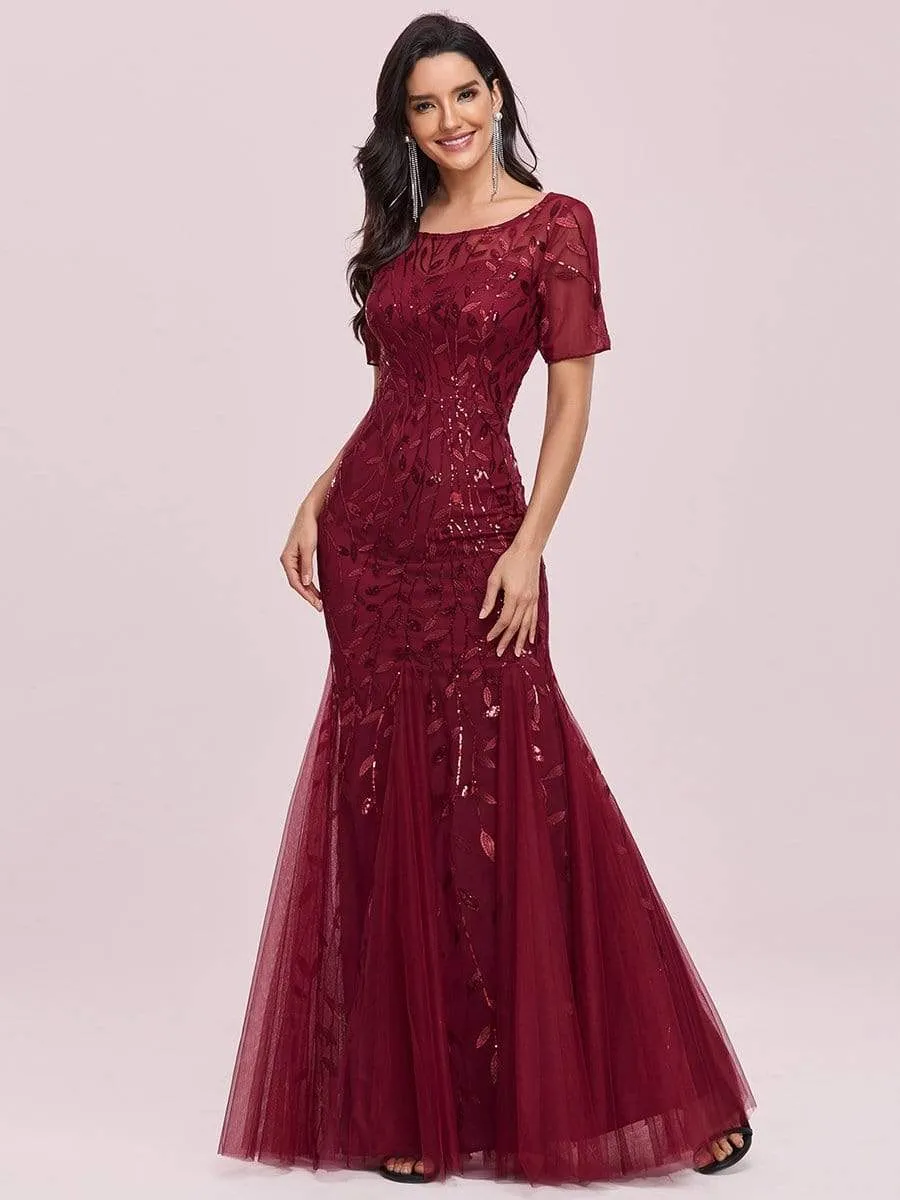 Floral Sequin Print Maxi Long Fishtail Tulle Dresses With Half Sleeve