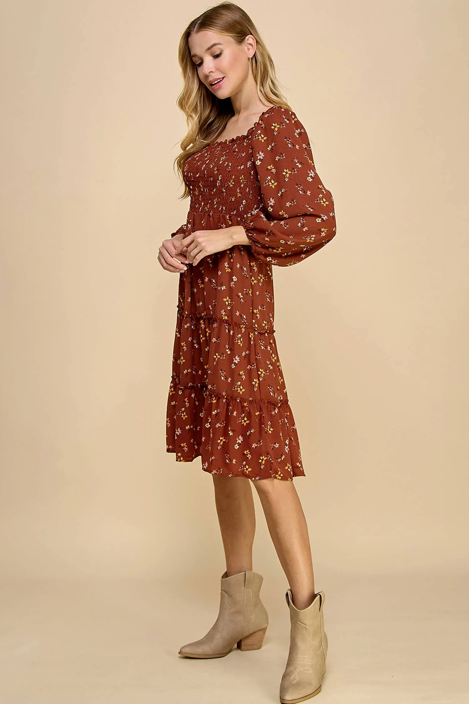 Floral Tiered Long Sleeve Midi Dress