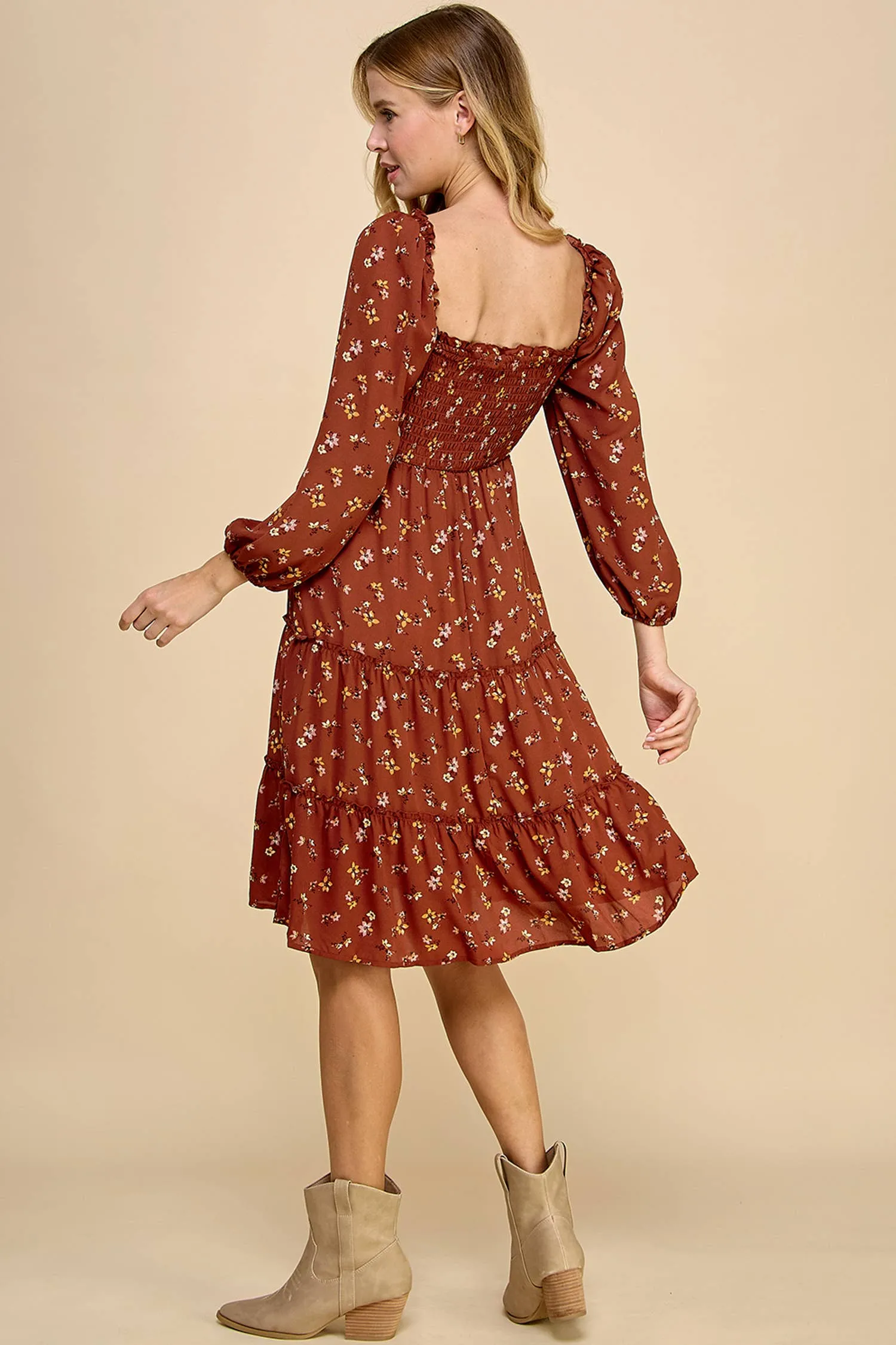 Floral Tiered Long Sleeve Midi Dress